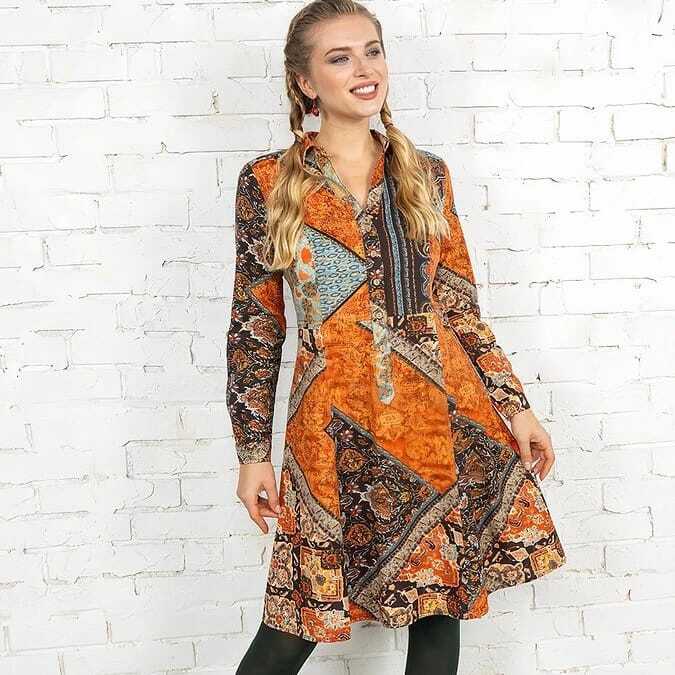 Kahve Desenli Uzun Kollu Gömlek Elbise