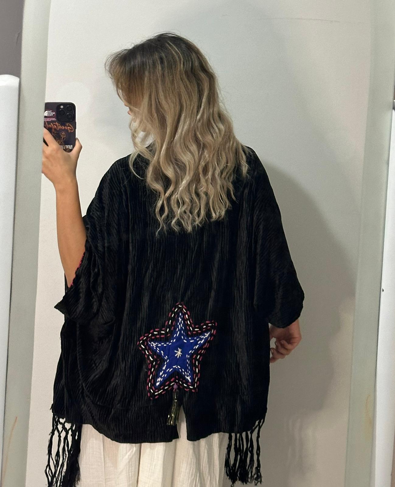 Kadife yıldız işlemeli püskül detaylı tasarım ceket 