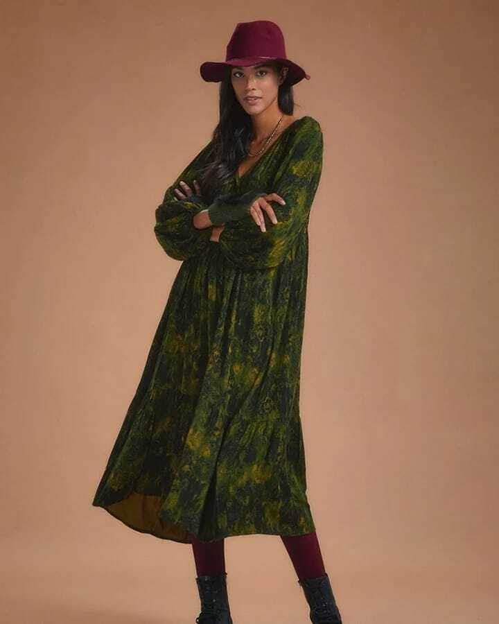 Haki Desen Rahat Kesim Uzun Balon Kol Elbise