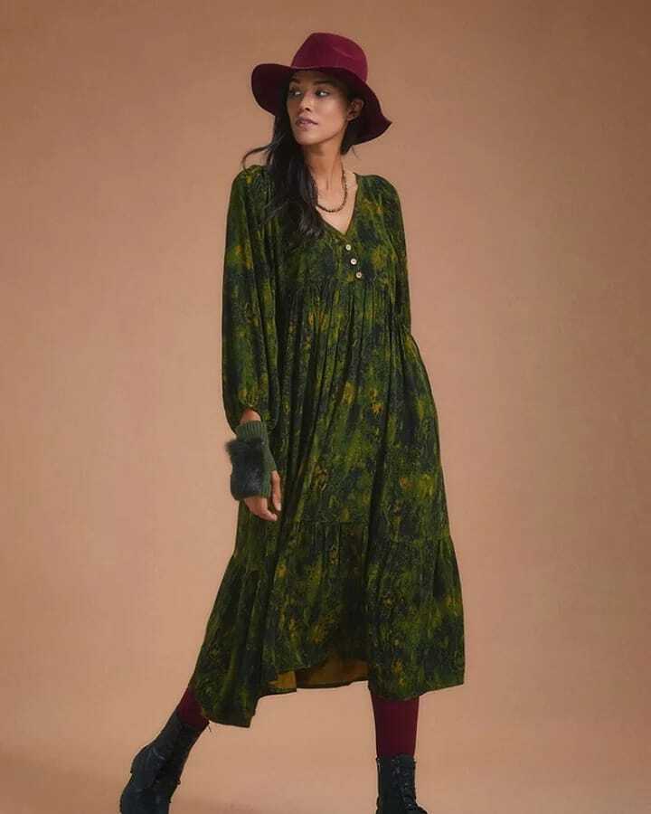 Haki Desen Rahat Kesim Uzun Balon Kol Elbise