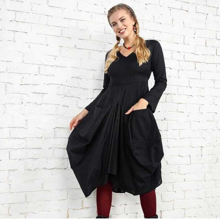 V yaka uzun kollu balon etekli ELBİSE 