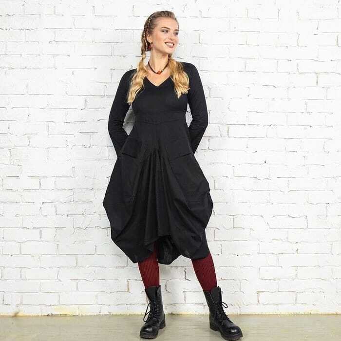 V yaka uzun kollu balon etekli ELBİSE 